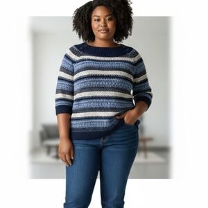 Blue & Navy Striped Knit Sweater with Button Shoulder Detail – 3/4 Sleeve